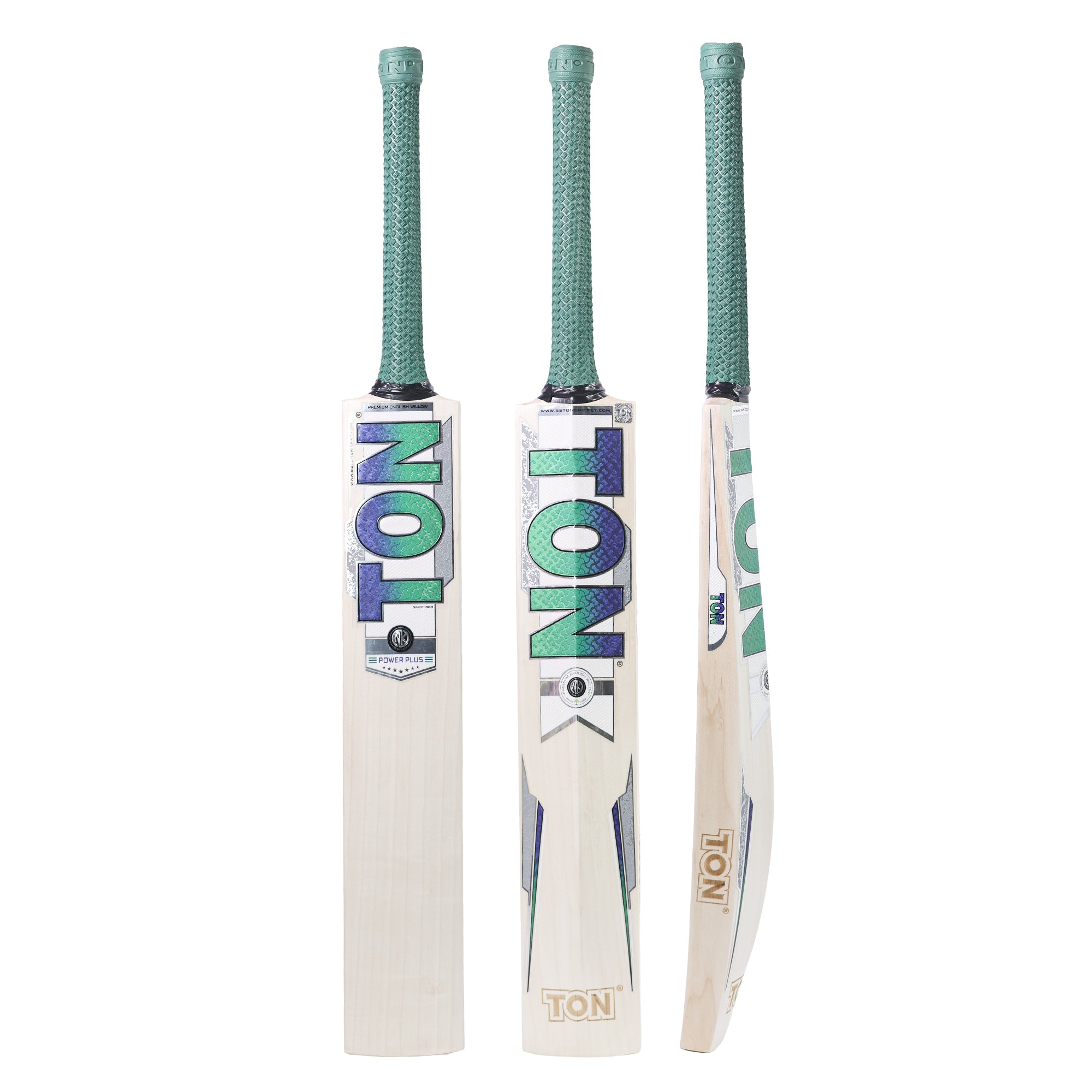 SS TON Power Plus English willow cricket bat with green grip front and side view