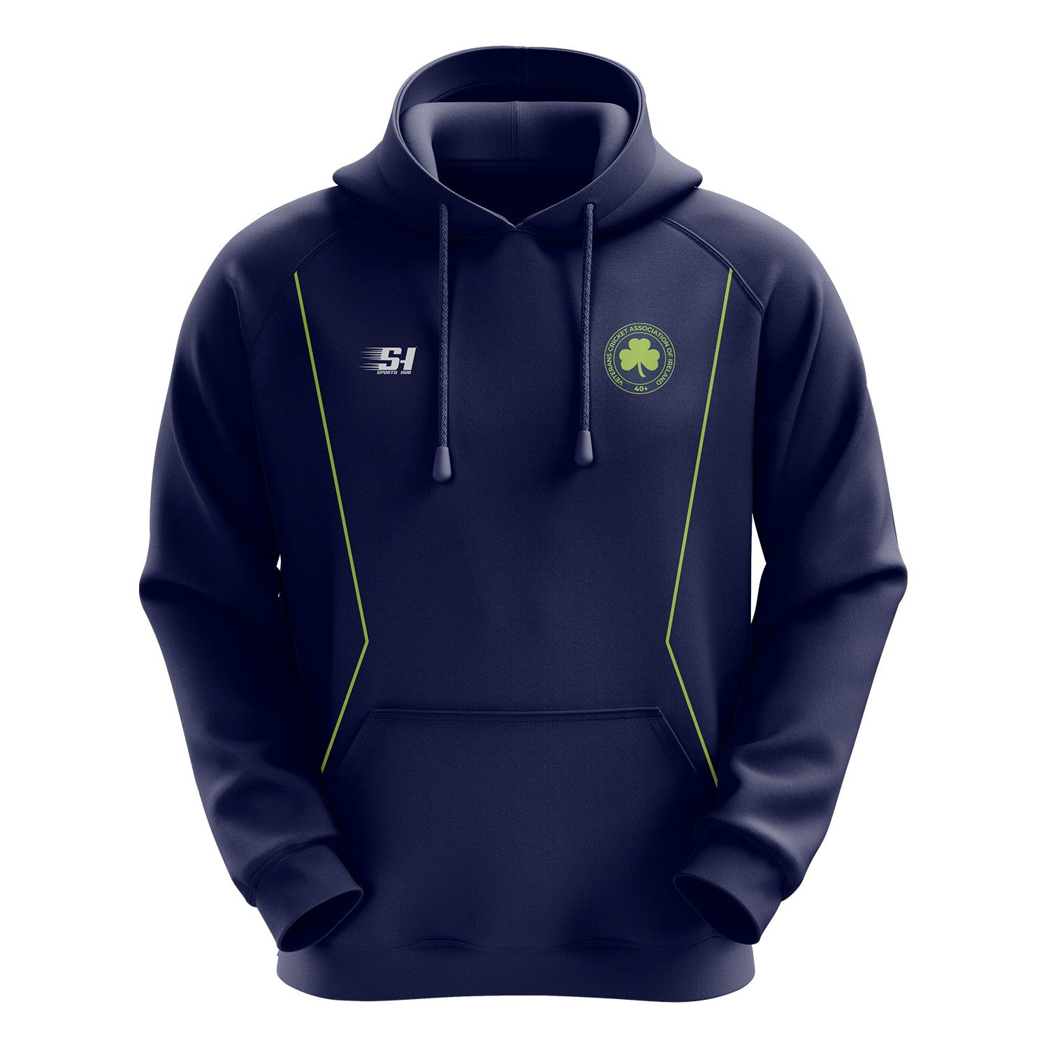 VCAI Over 40’s navy hoodie with lime green detailing and official crest