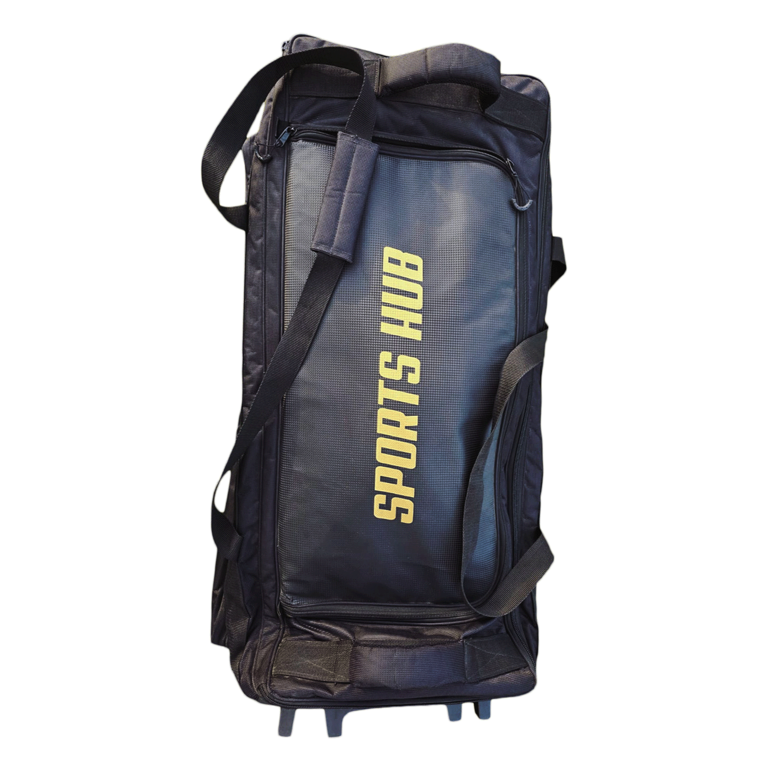 Black sports bag with 'Sports Hub' branding on a white background