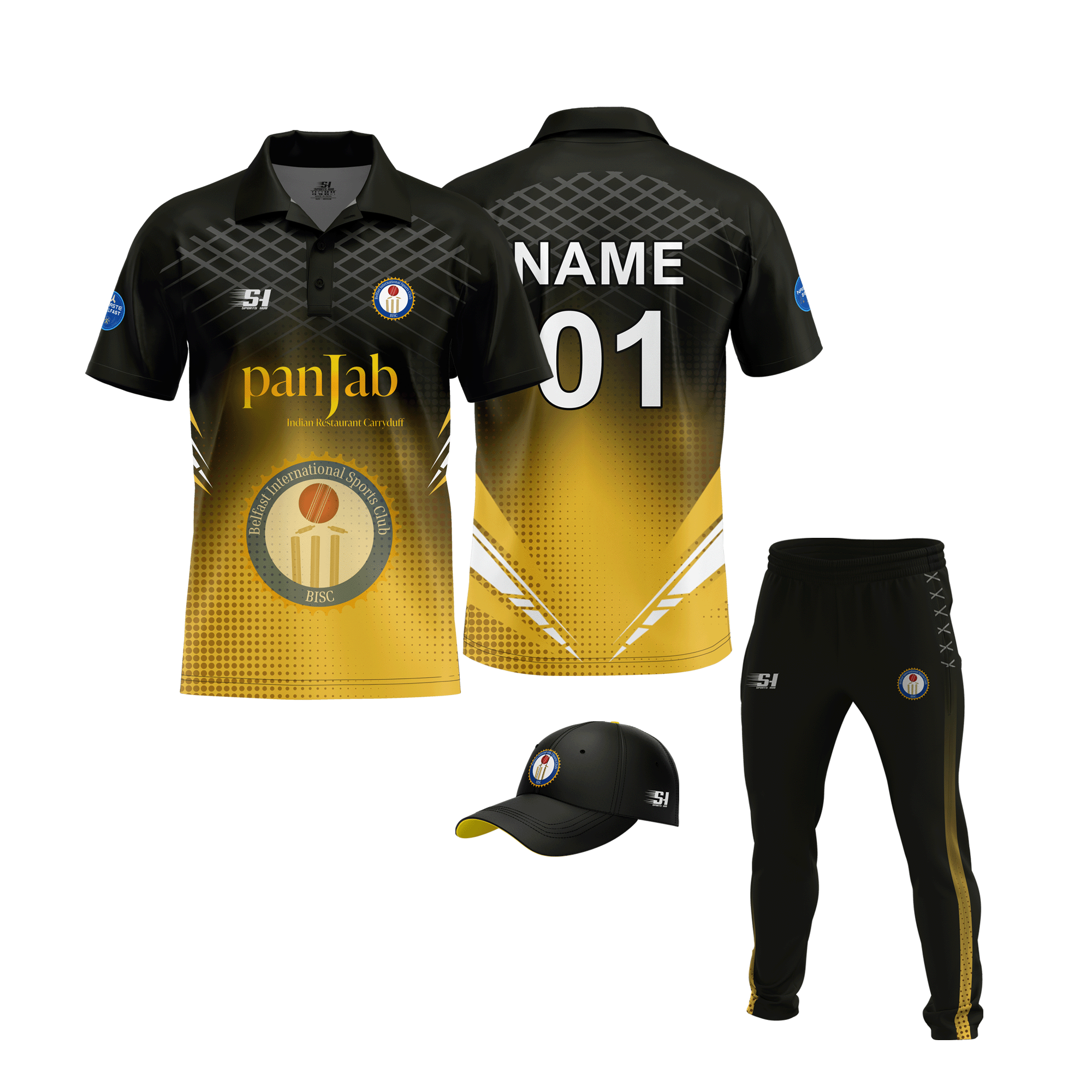 Belfast International Sports Club BISC official black and gold playing jersey club range bundle