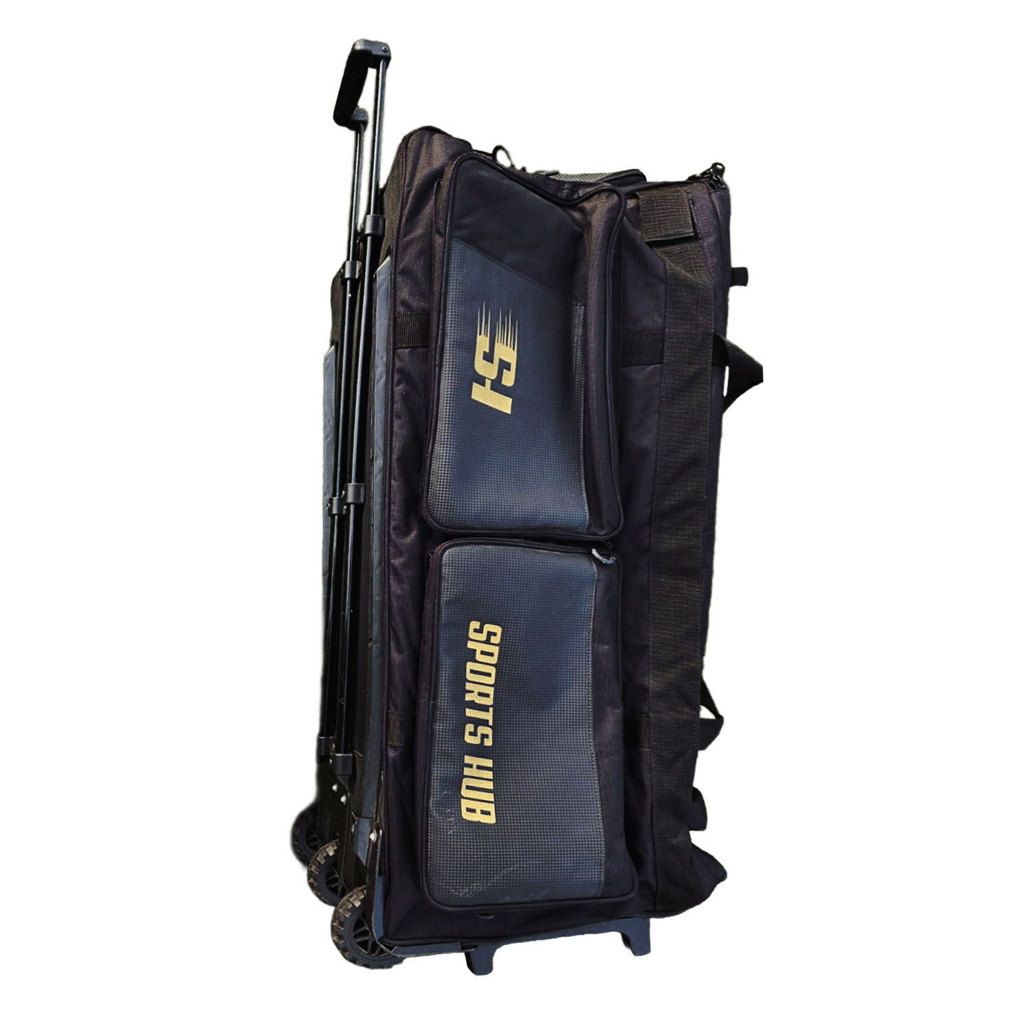 Black and blue sports bag with wheels on a white background