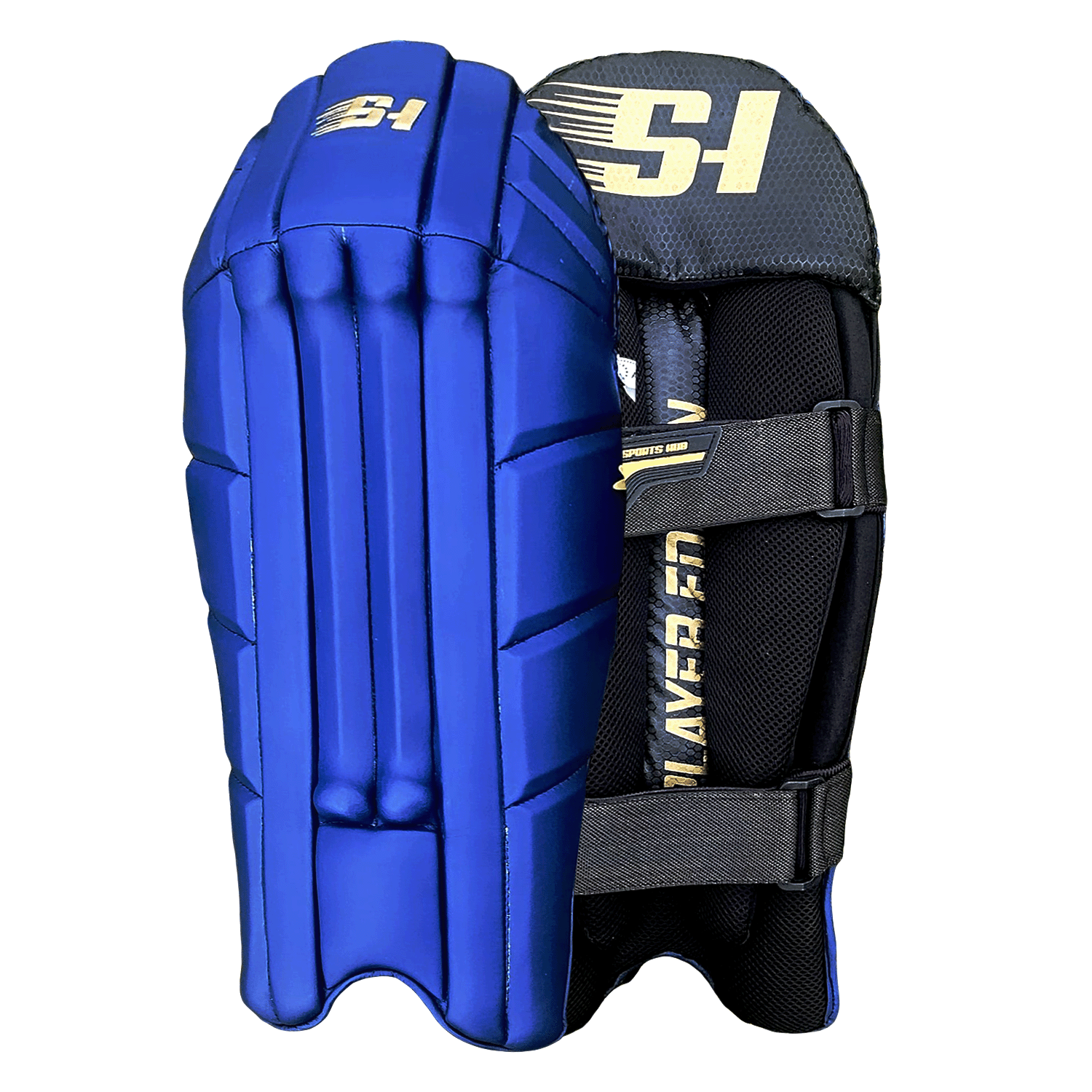Front and rear view of navy blue Sports Hub Player Edition wicket keeping pads showing the ergonomic slim-fit design and gold branding.